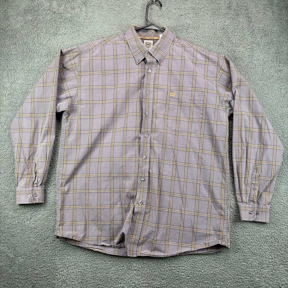 Cinch‎ Mens XL Long Sleeve Plaid Button Down Shirt Purple Tan Cotton 9004
